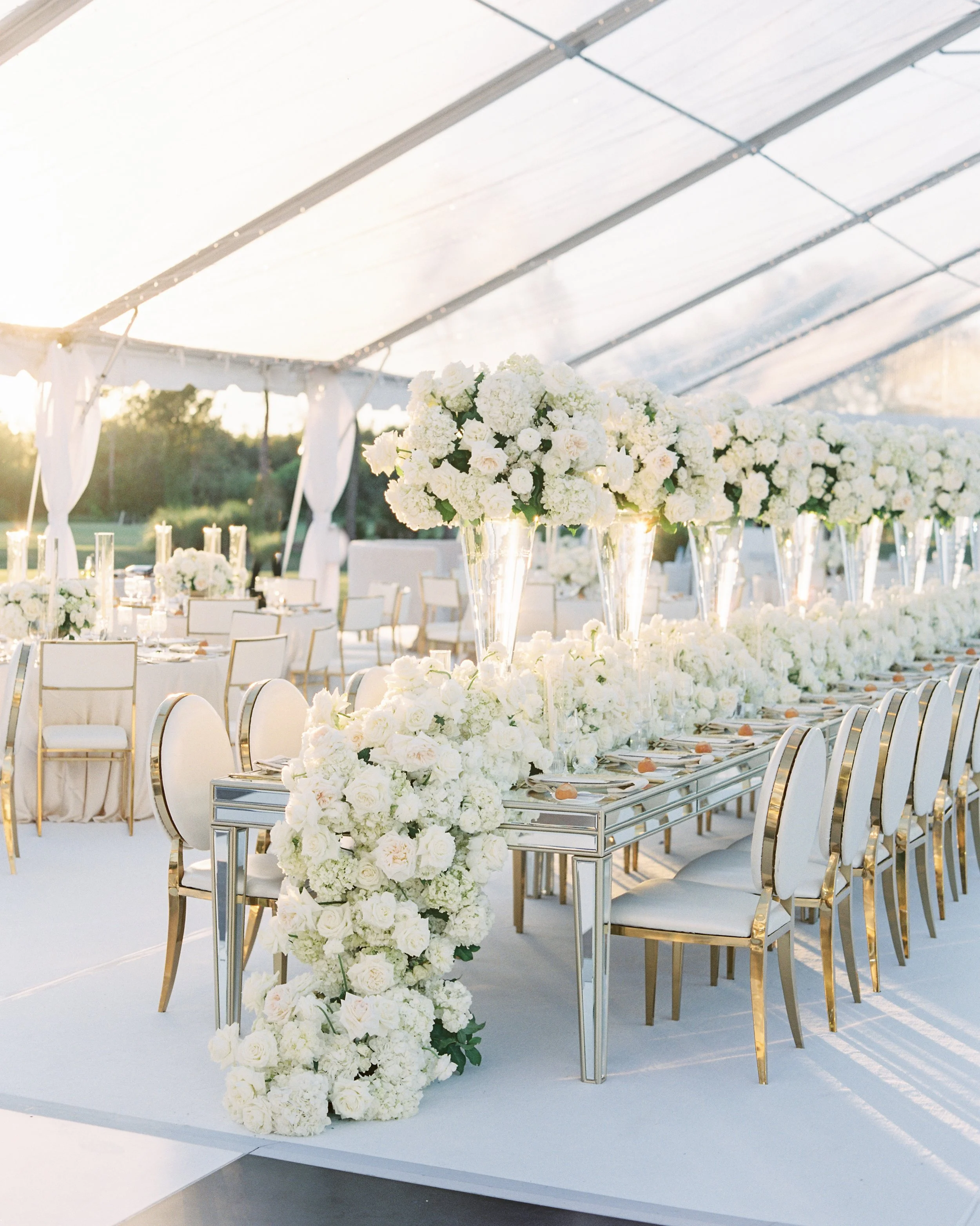 Elegant outdoor wedding reception setup with a long table decorated with tall white floral centerpieces in glass vases, surrounded by white chairs with gold trim, under a clear tent with sunlight streaming in.