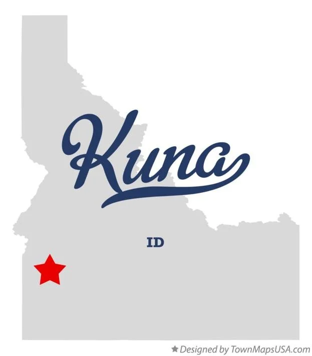 Map of Idaho with the word 'Kuna' written across it and a red star marking a location in the southwestern part of the state.