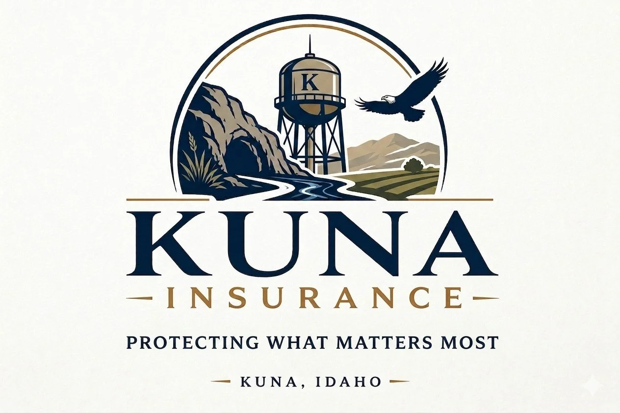 Kuna Insurance logo featuring a water tower with a water droplet marked with a 'K', mountains, a winding river, an eagle, and farmland, with the slogan 'Protecting What Matters Most' and the location 'Kuna, Idaho'.