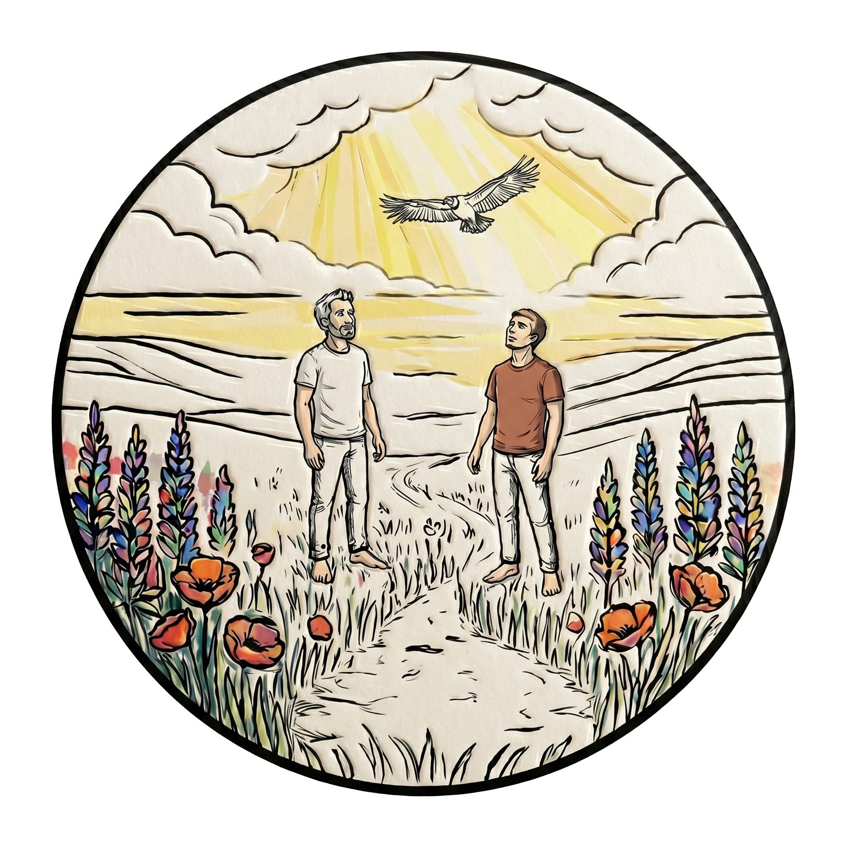Illustration of two men standing in a field of colorful flowers, looking up at an Andean Condor flying in the sky with rays of sunlight shining through clouds.