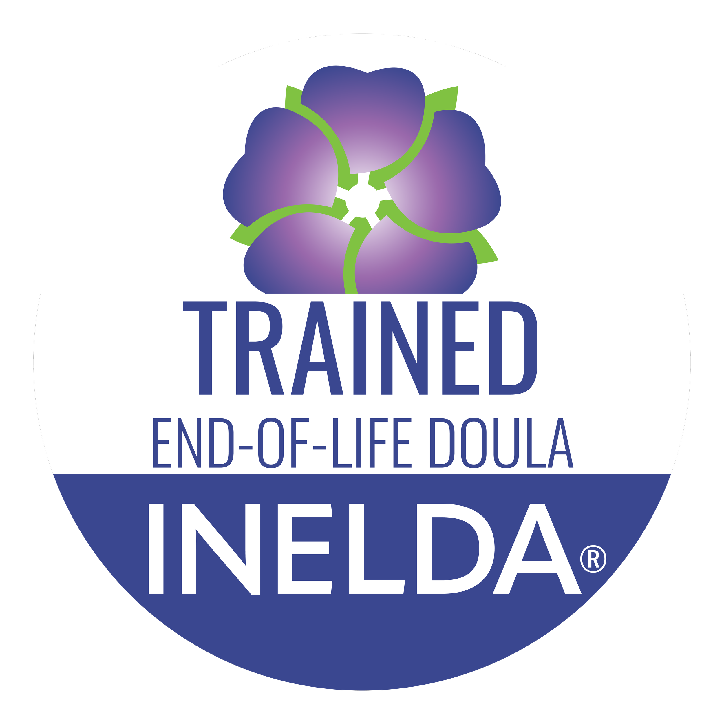 The INELDA-trained End-of-Life Doula logo features a cluster of purple berries with green leaves above the company name.