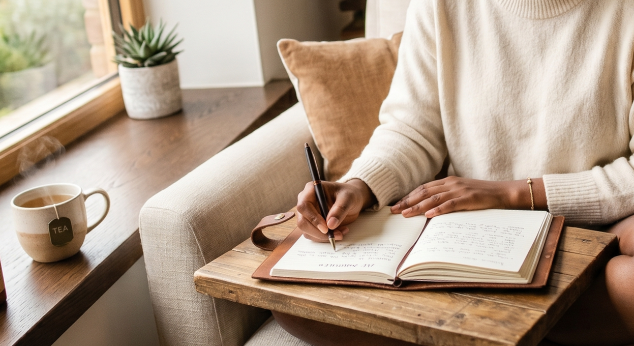 Person writing in a notebook at a small wooden table near a window, with a potted plant and a steaming cup of tea nearby.