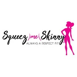 Logo for SqueezMe Skinny with a pink silhouette of a woman and the tagline 'Always a perfect fit'