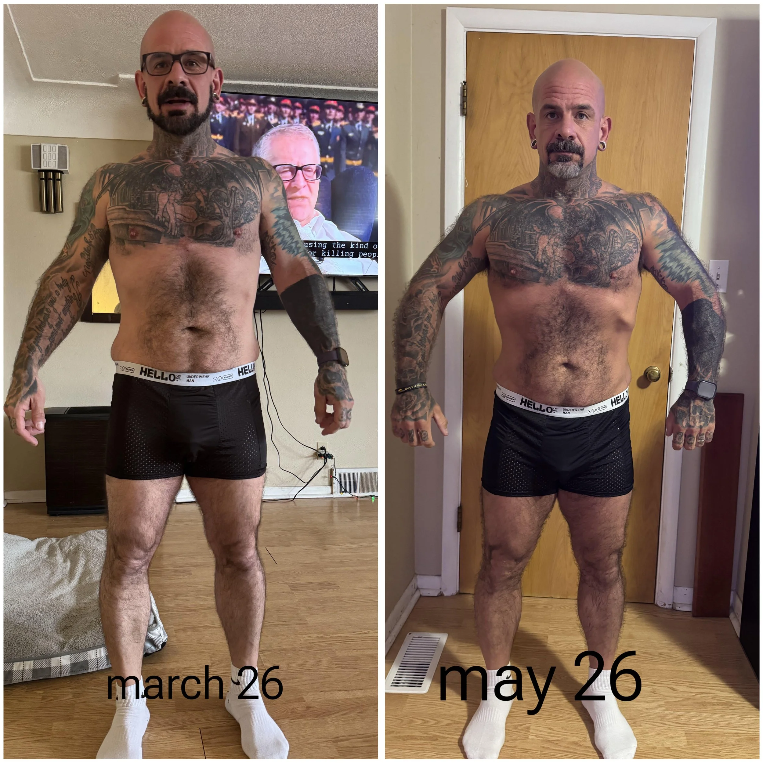 A shirtless man with tattoos on his chest and arms, wearing glasses and earrings, standing indoors in front of a TV and a wooden door. The left photo is dated March 26 and the right photo May 26.