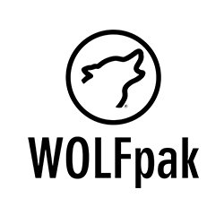 Logo of WOLFpák featuring a wolf's head outline inside a circle with bold text below.