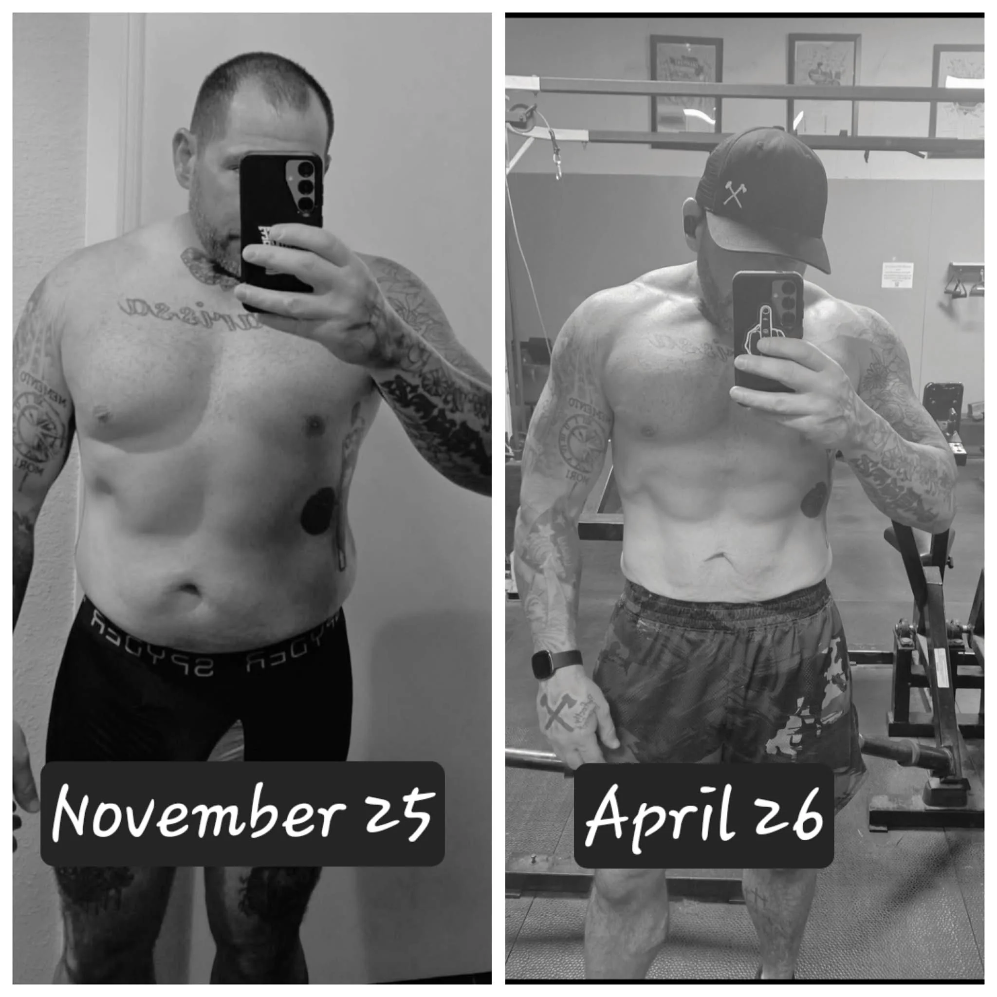 Side-by-side black and white photos of a shirtless man with tattoos taking mirror selfies in a gym. The left photo has a caption with the date November 25, and the right photo has the date April 26.