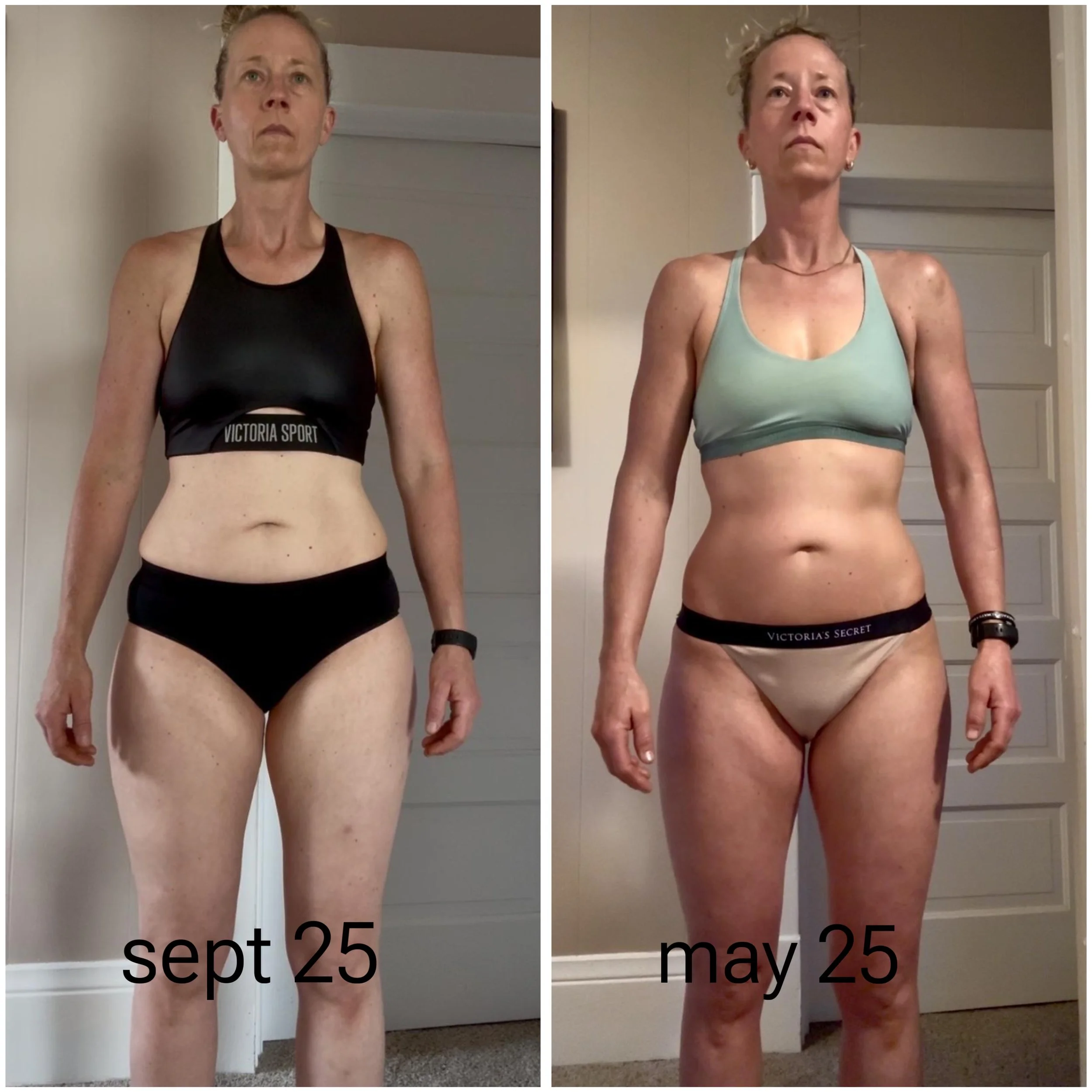 Comparison of a woman in fitness clothes before and after a period of time, with dates September 25 and May 25 shown at the bottom of each side.