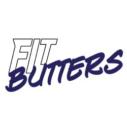 Logo with the words 'FIT BUTTERS', where 'FIT' is in outline and 'BUTTERS' is in solid dark blue script.