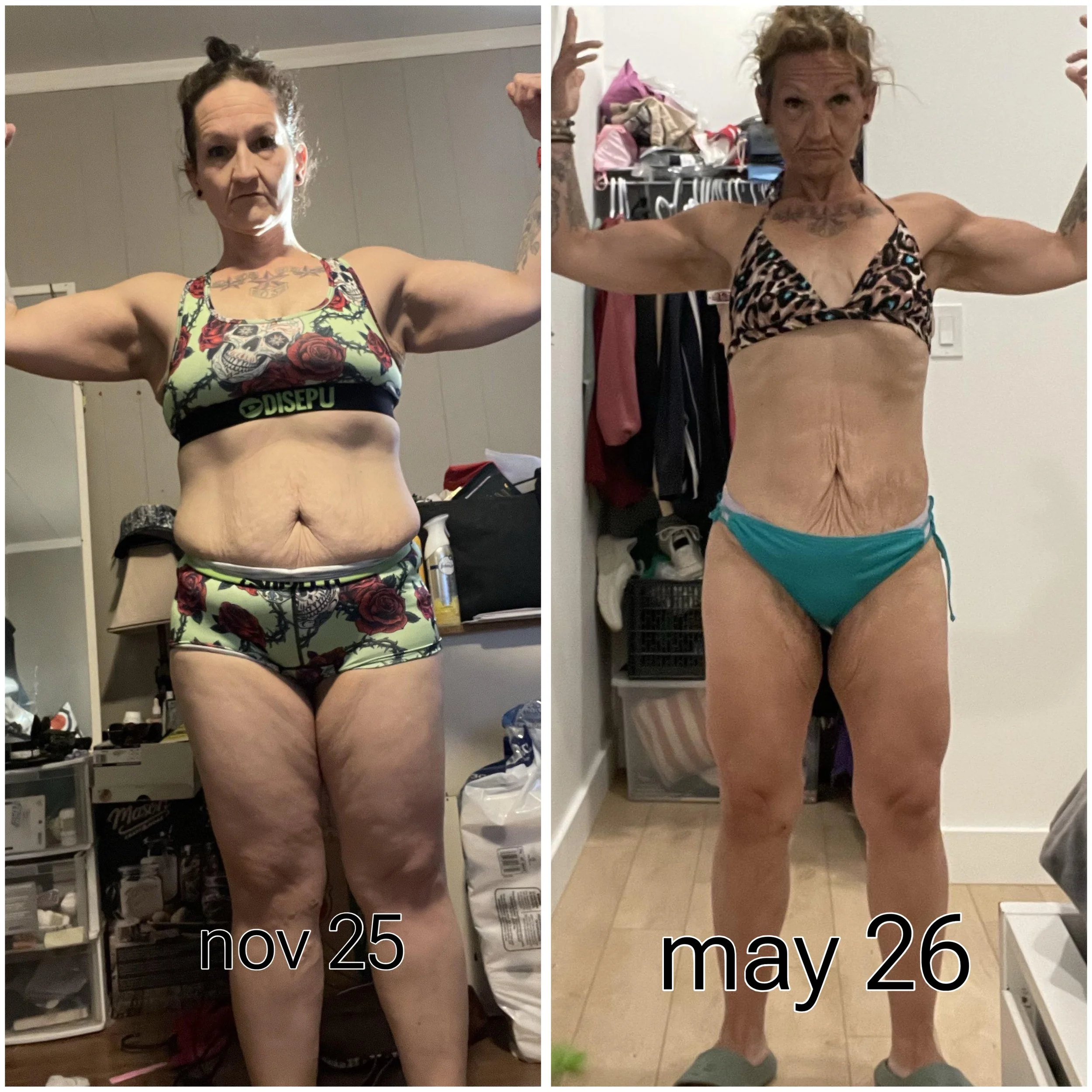 A side-by-side comparison of a woman showing physical transformation over two days, November 25 and May 26, with the woman flexing her muscles in both photos.