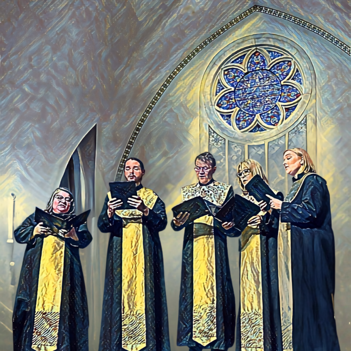 Members of Asheville Vocal Ensemble dressed in black robes with gold accents for evensong, singing and holding sheet music inside a church with arched ceiling and stained glass window behind them.