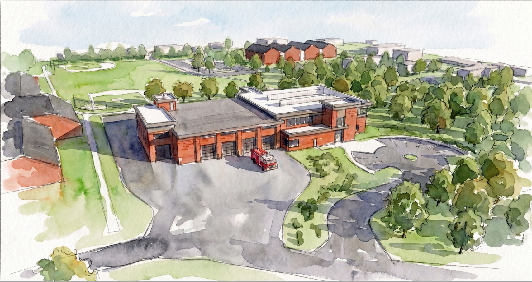 Watercolor painting of the proposed FS1 at Deerfield with the former school and library in the background