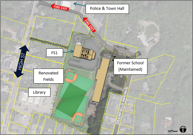 Initial site layout of a fire station at 72 Deerfield Avenue, including landmarks of nearby streets and buildings