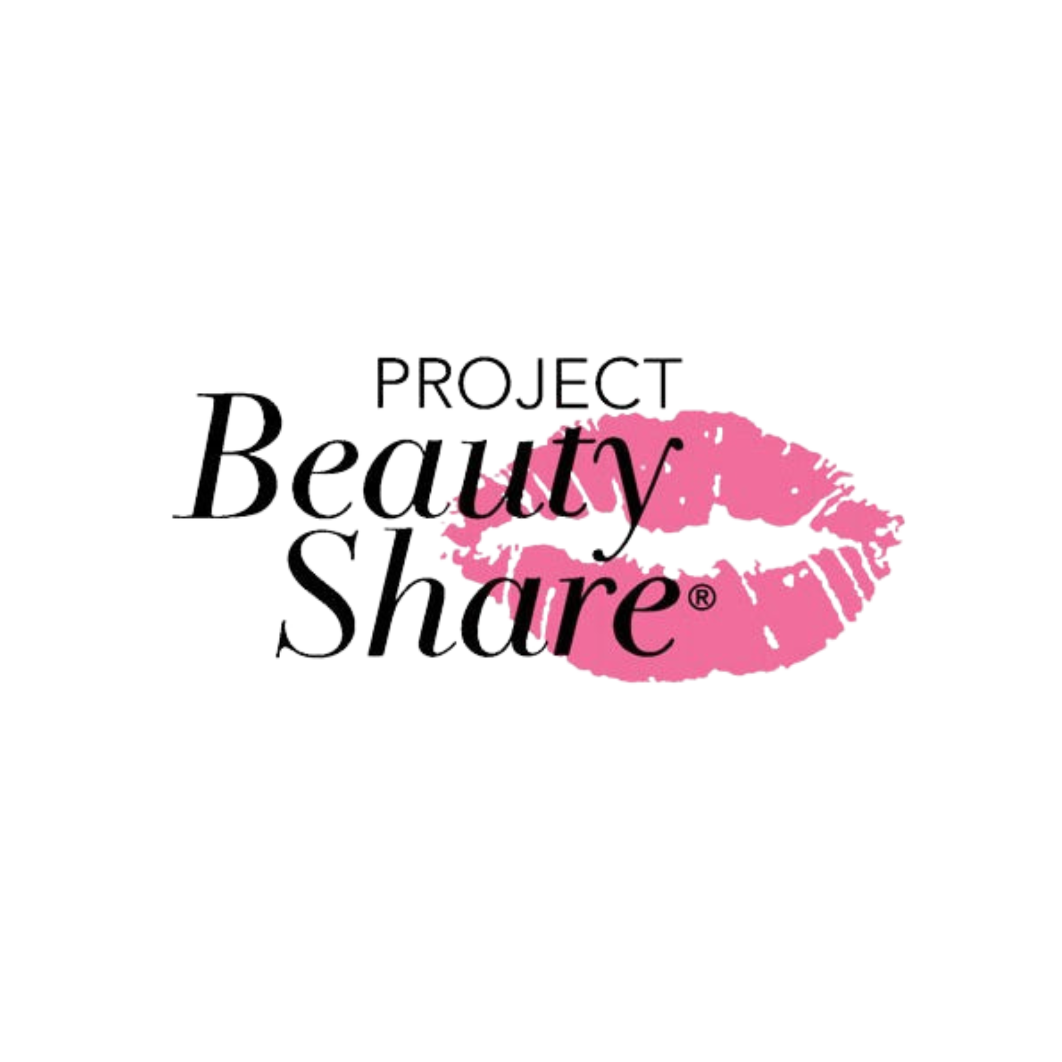 Logo for Project Beauty Share with black background, pink lipstick kiss mark, and text 'PROJECT Beauty Share' in black and pink