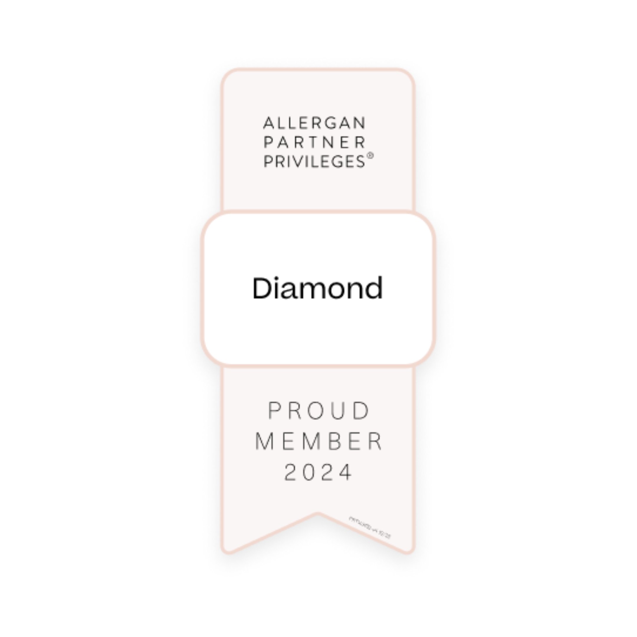 A membership badge for 2024, featuring a white ribbon shape with a pink border.
