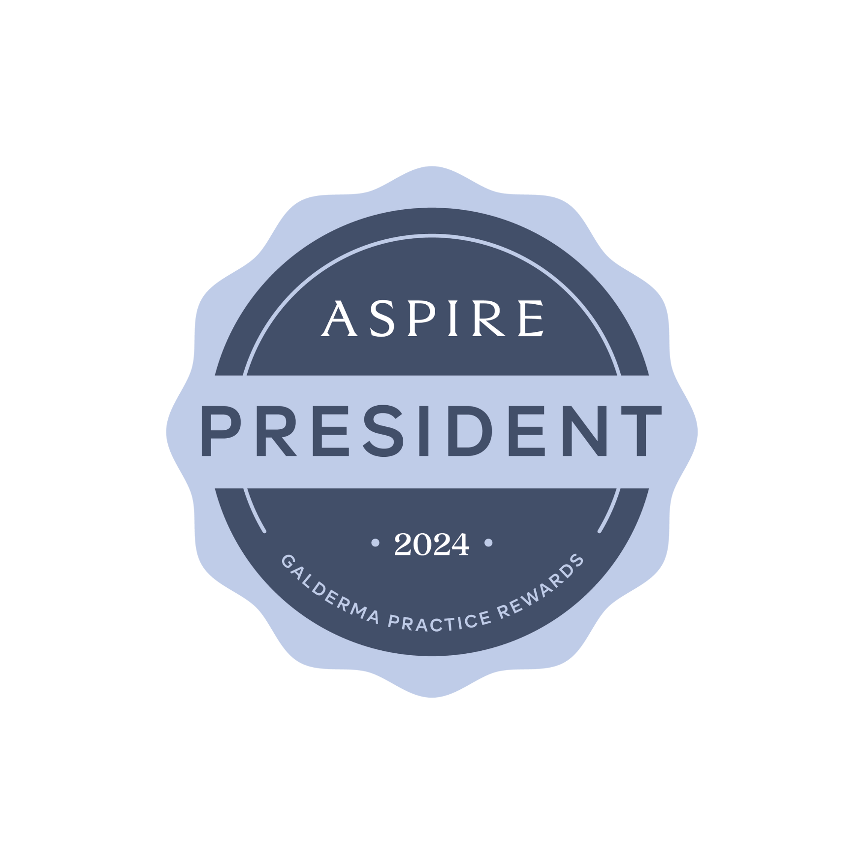Badge with a scalloped edge that reads "Aspire President 2024" and "Galderma Practice Rewards".