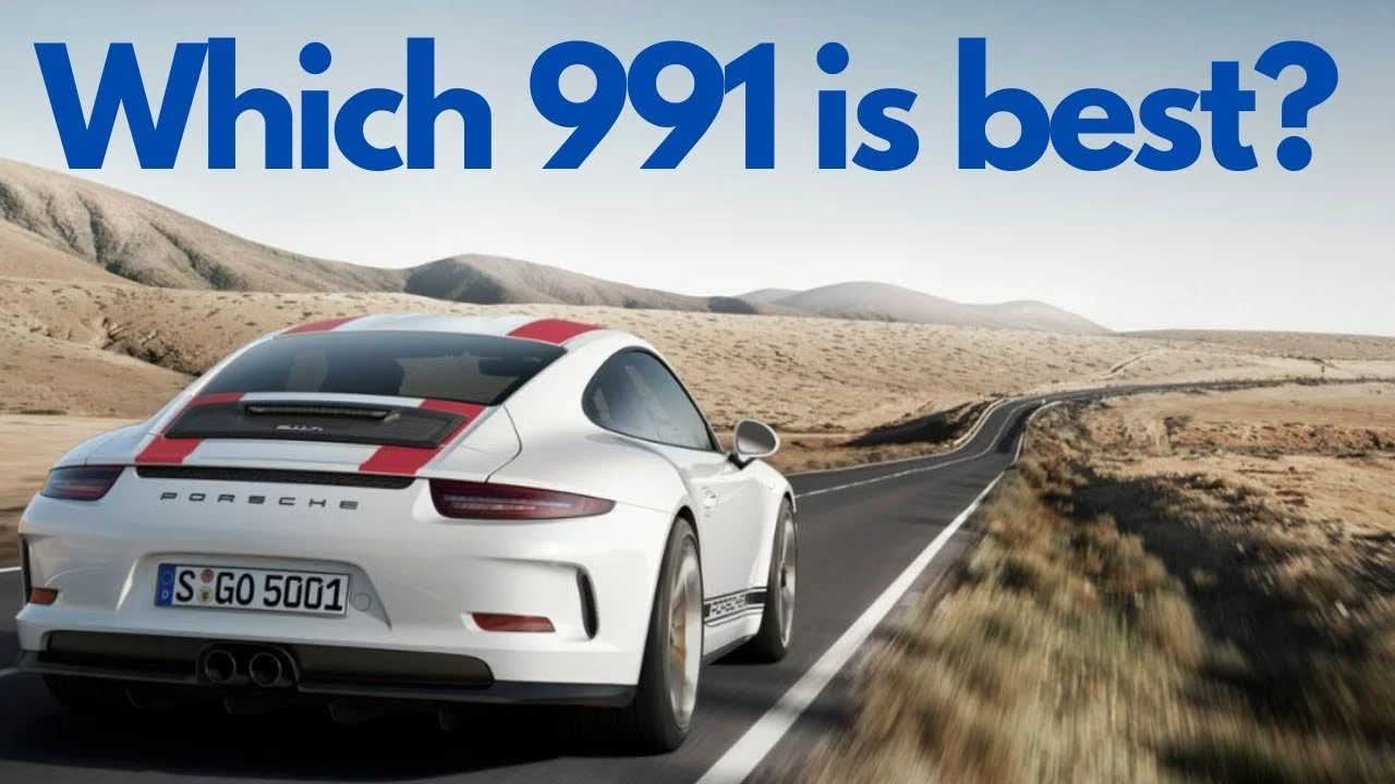A white Porsche sports car with red racing stripes driving on a winding road through a desert landscape with mountains in the background, overlaid with the text 'Which 911 is best?' in blue.