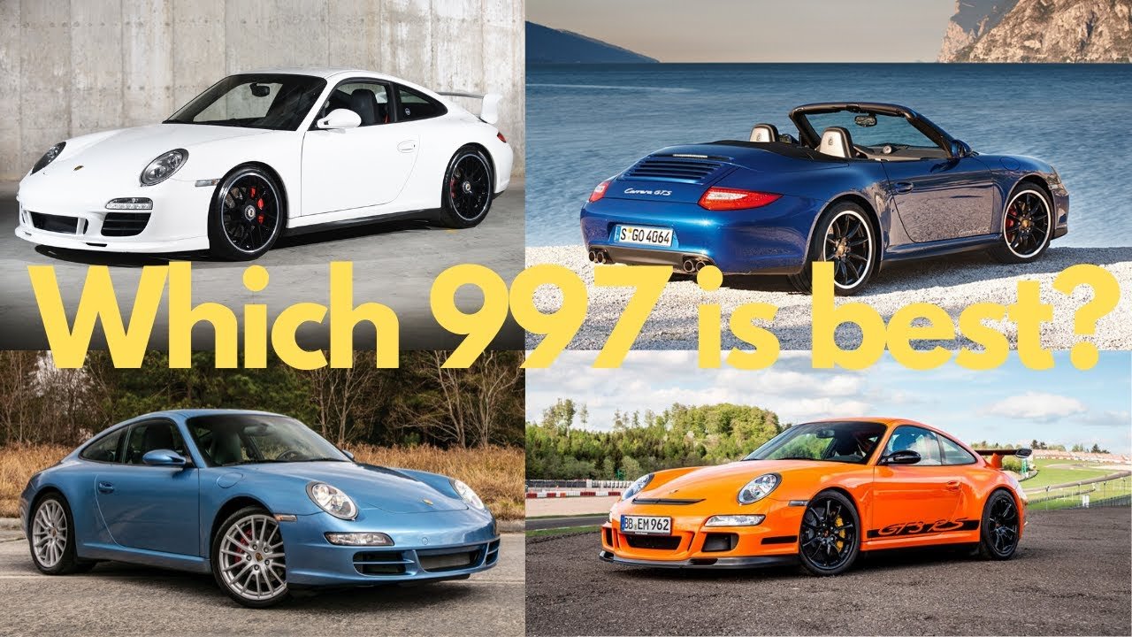Four Porsche 911 cars in different colors and models are displayed in a collage, with yellow text in the center asking, "Which 997 is best?"
