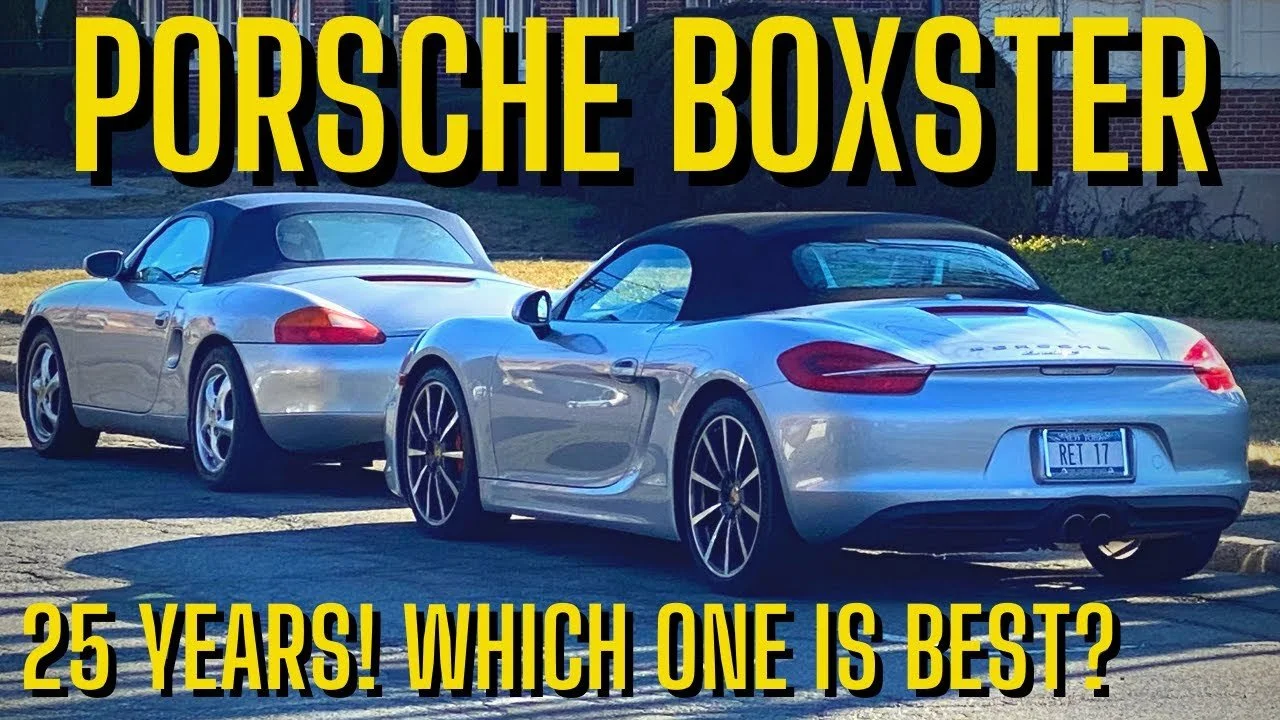 Two silver Porsche Boxster convertibles parked outdoors, with the front one showing a license plate 'RET 17', under bright sunlight. The image has bold yellow text that reads 'Porsche Boxster' at the top and '25 Years! Which One Is Best?' at the bottom.