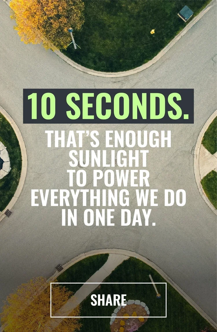 Aerial view of a suburban cul-de-sac with trees, grass, sidewalks, and street lamps, overlaid with motivational text about sunlight and energy.