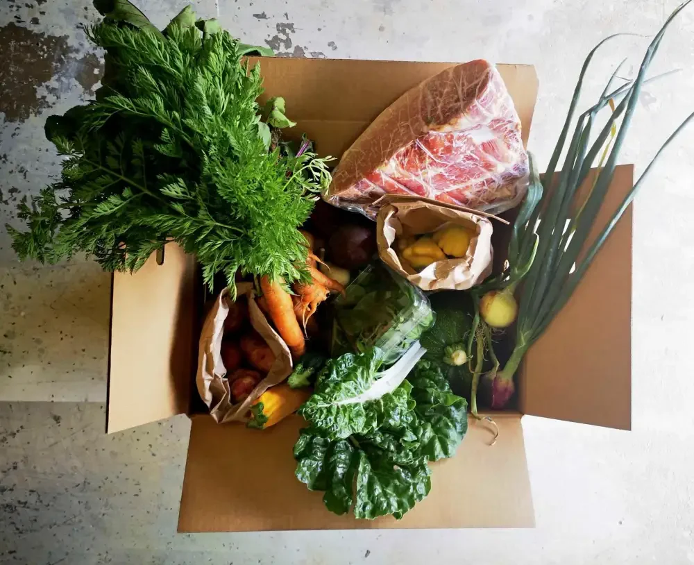A cardboard box filled with fresh vegetables and meat. Contains leafy greens, carrots, potatoes, lemons, onions, and a large cut of meat wrapped in plastic.