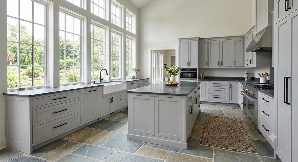 Gray cabinets with stone floors open kitchen