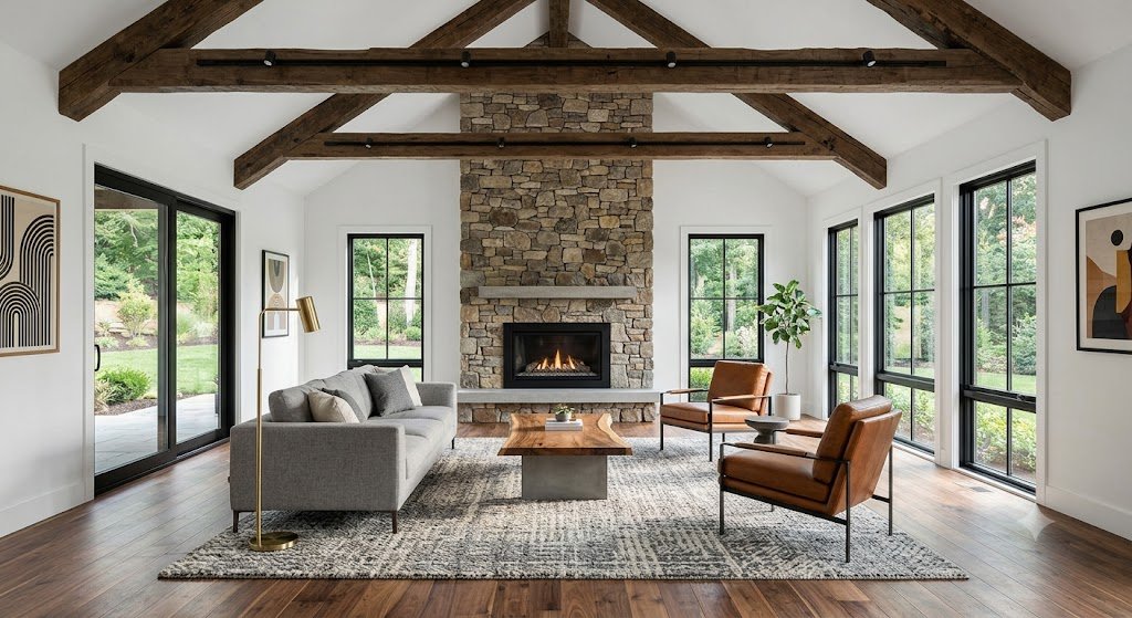open living room, stone fireplace and exposed beams
