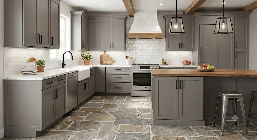 a farmhouse kitchen with a range hood white black splash and black hardware