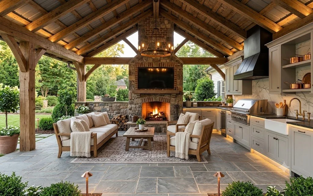 outdoor living space with kitchen and sitting
