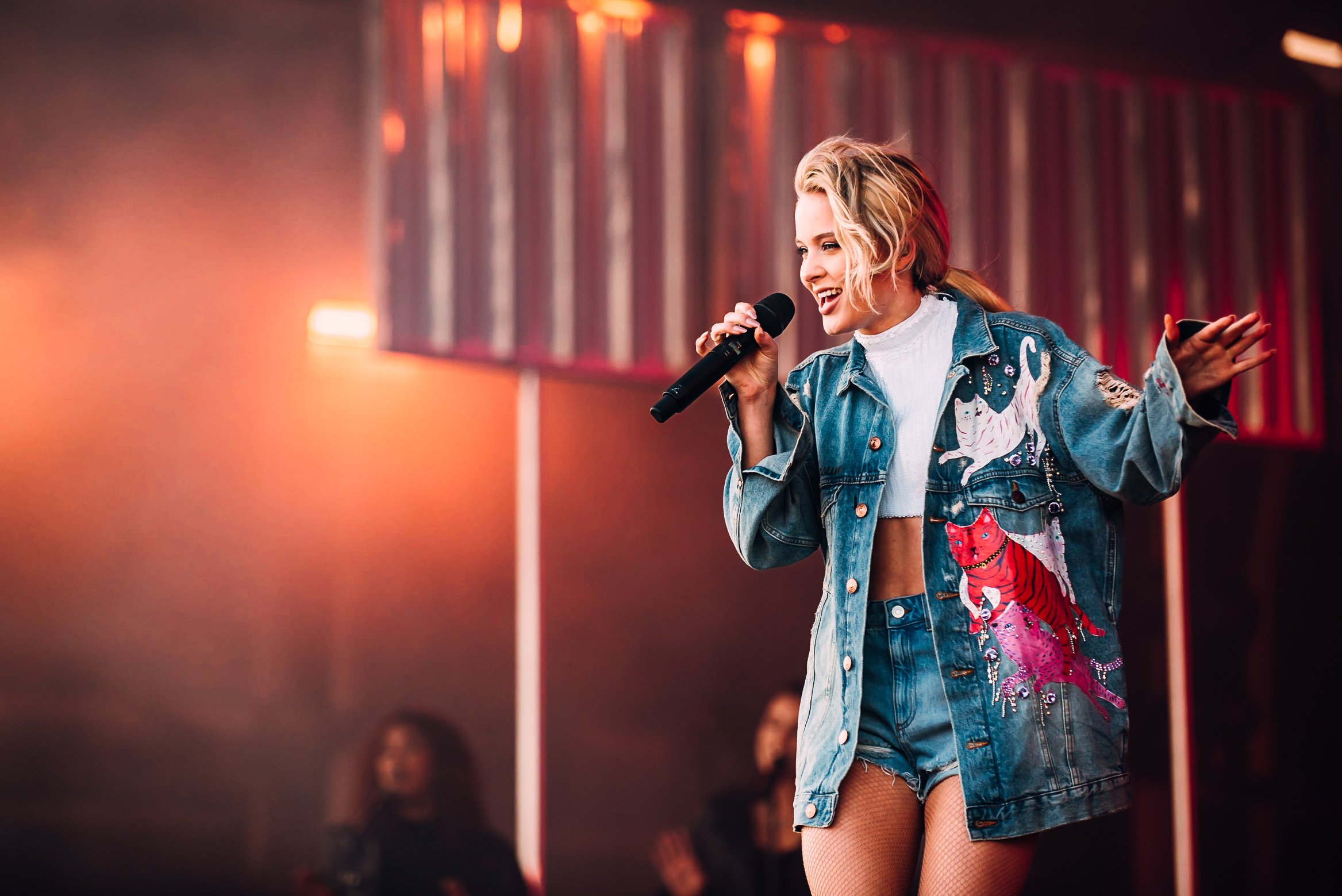 Pop artist Zara Larsson performing live under warm stage lighting at the WILD LIFE Festival at Shoreham Airport near Brighton, Sussex. Dynamic outdoor music festival and commercial pop concert photography by Will Bailey.