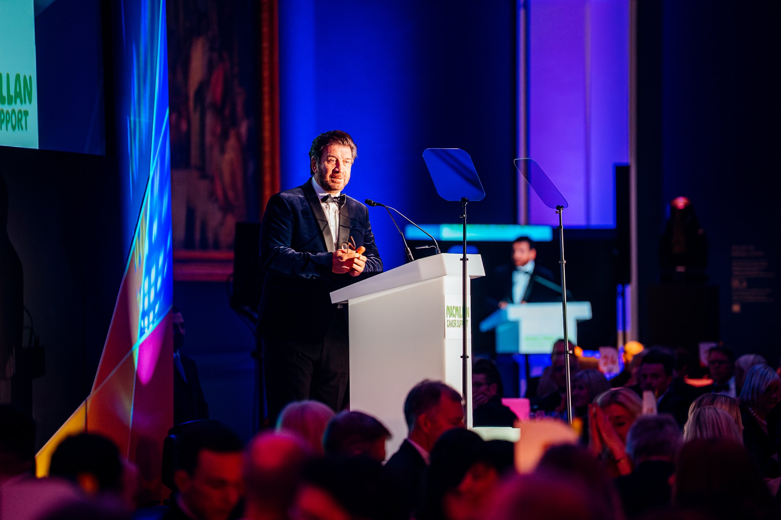Nick Knowles hosting a charity fundraising gala at the Victoria and Albert Museum (V&A), London. High-profile corporate event photography by Will Bailey.
