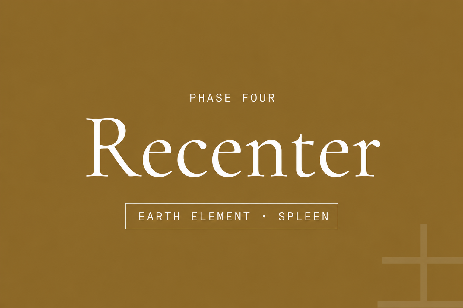 Text on a gradient brown background reading 'Phase Four Recenter Earth Element Spleen' with a small cross symbol in the bottom right corner.
