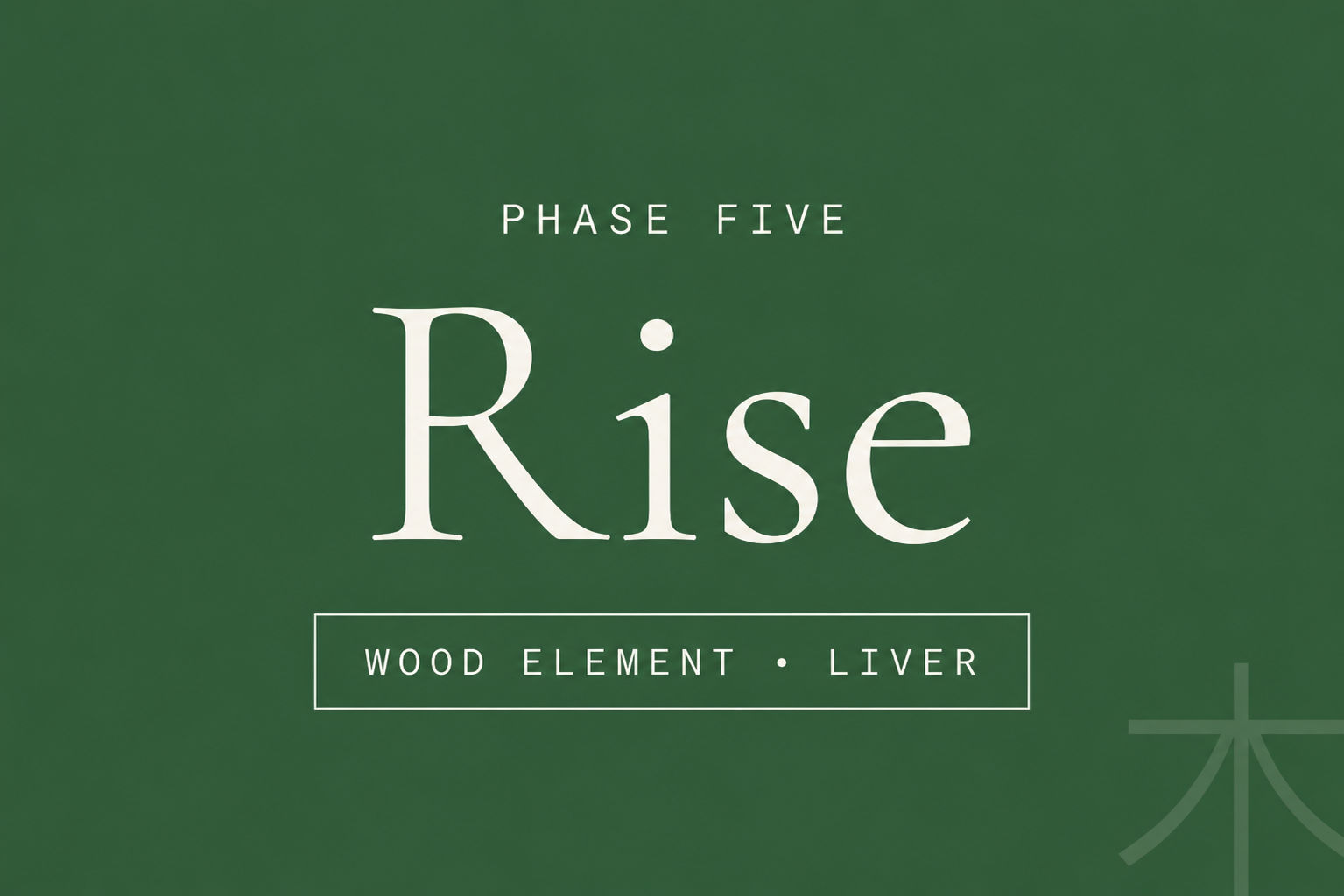 Text on a green background reading 'Phase Five Rise. Wood Element Liver'.