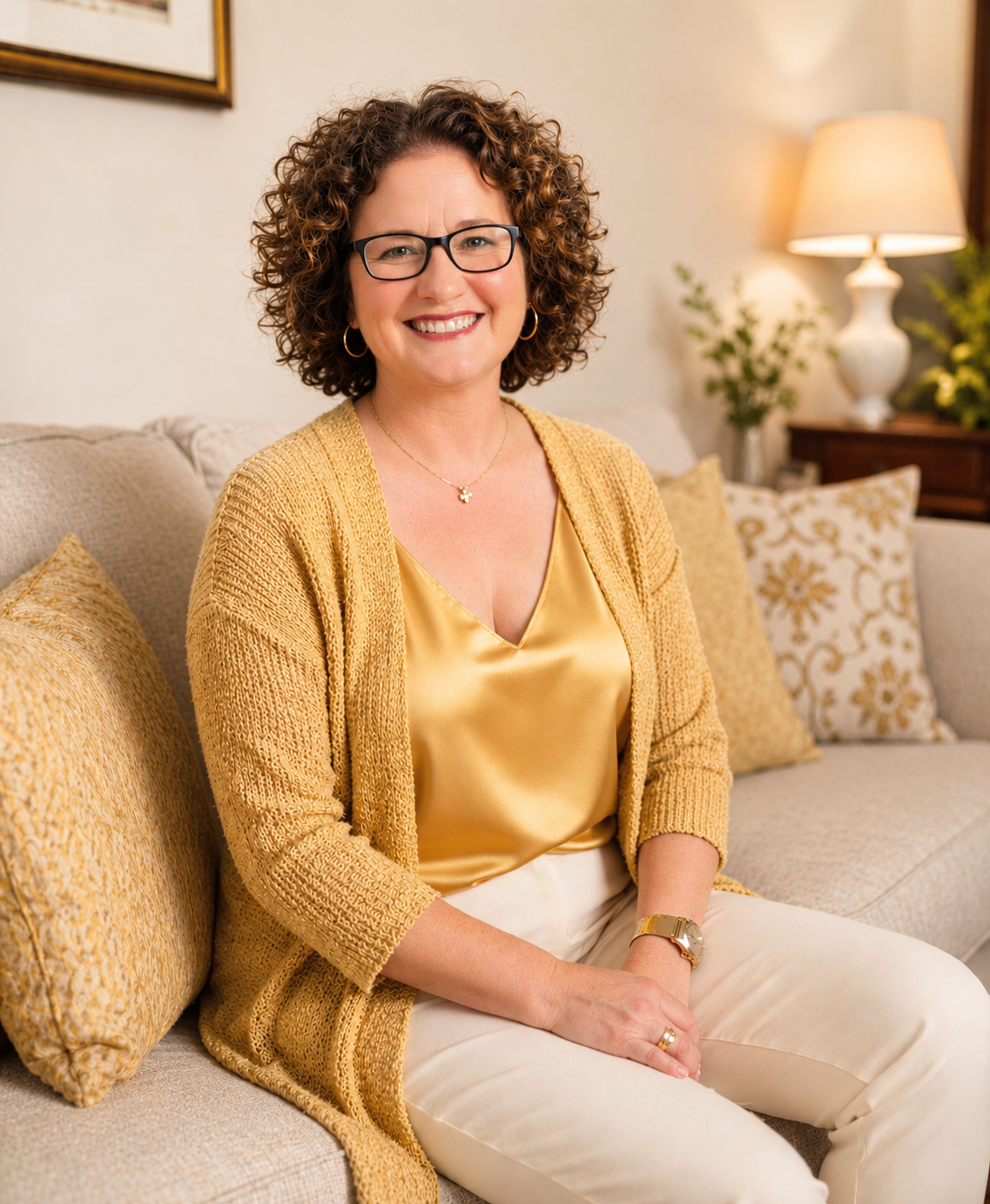 Devon Vernetti with curly brown hair, glasses, and gold jewelry sitting on a beige sofa in a living room with warm lighting and mustard-colored decor.