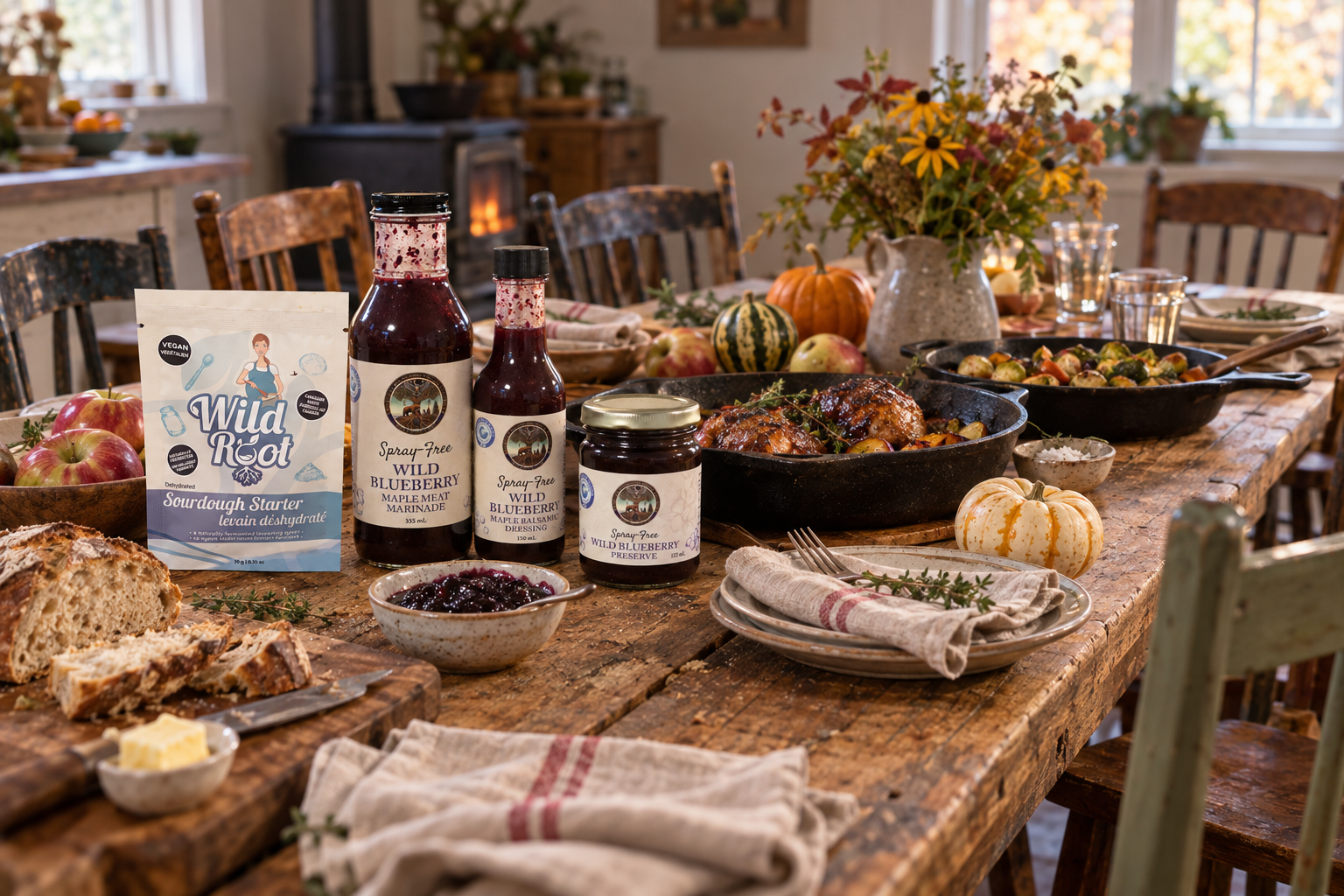 A rustic wooden dining table set for Thanksgiving with various dishes, drinks, and decorations. Includes a loaf of bread, jar of blueberry preserve, blueberry marinade, blueberry dressing, bowls of cranberry sauce, roasted vegetables, a pumpkin, apples, and fall foliage in a vase.