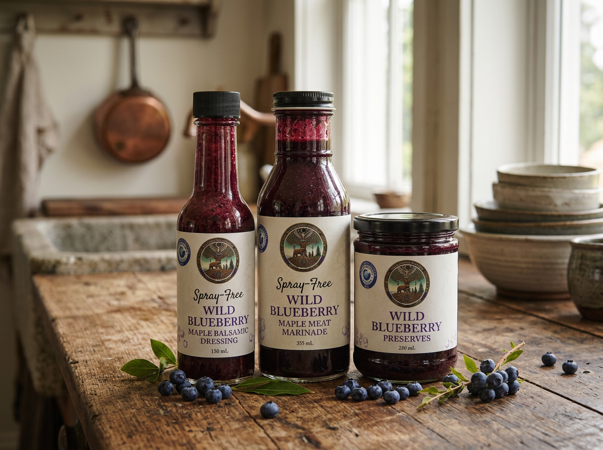 Three bottles of wild blueberry all-natural products on a wooden table, with blueberries and green leaves scattered around. The bottles include blueberry balsamic dressing, maple meat marinade, and preserves.