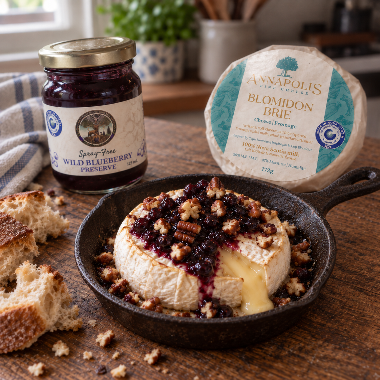 Baked Blomidon Brie with Wild Blueberry Preserve and Maple Pecans