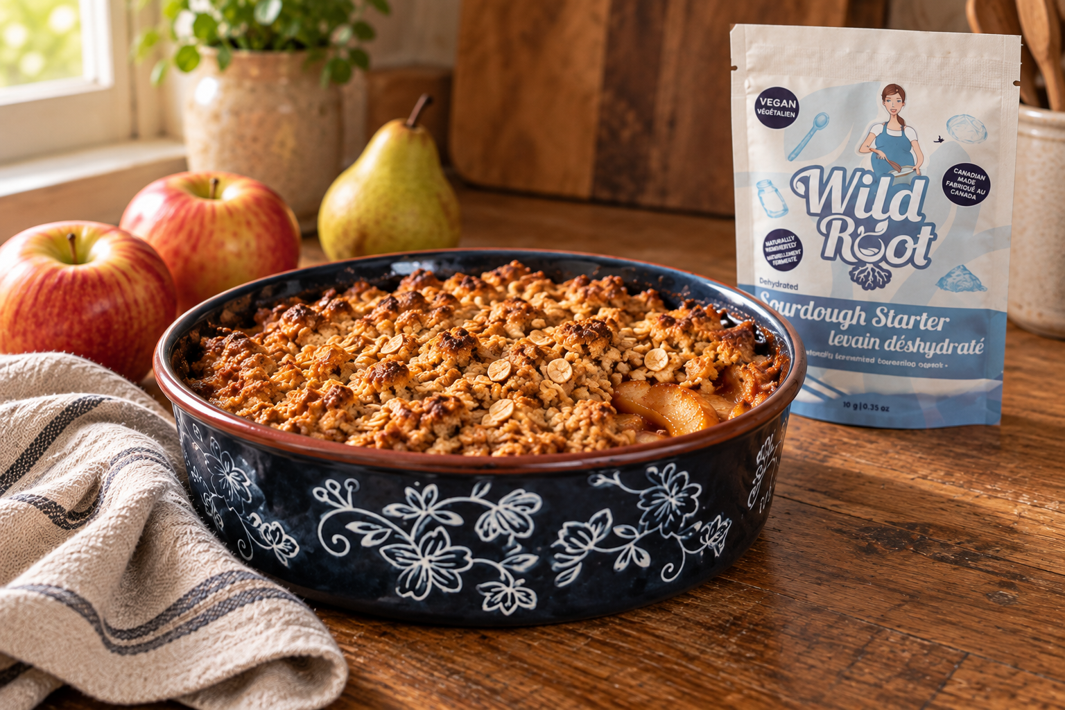 Baked apple crumble in a dark floral bowl on a wooden table, with apples and a pear in the background, and a packet of Wild Root sourdough starter nearby.