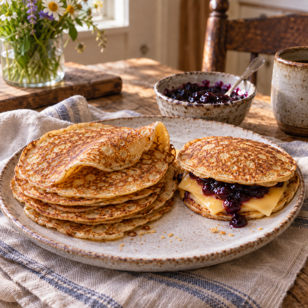 Thin sourdough discard pancakes with smoked cheddar and wild blueberry preserve