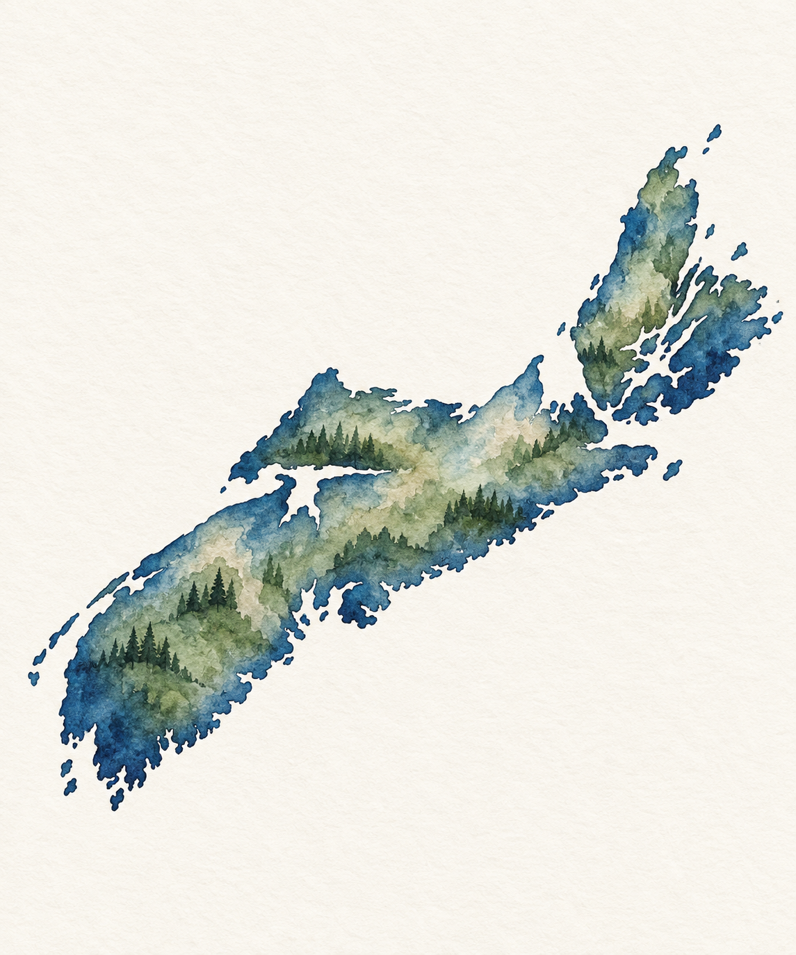 Watercolor map of Alaska with green and blue hues and forest details.