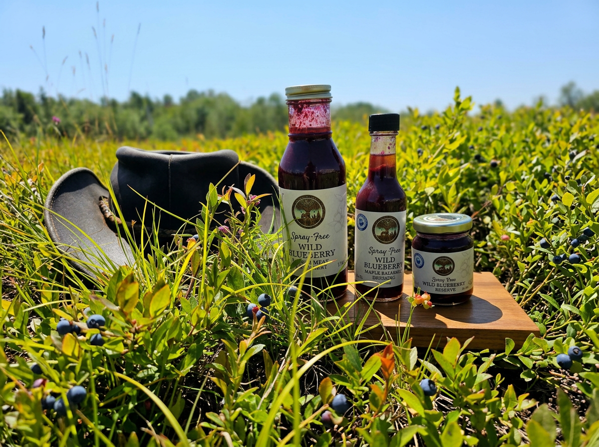Three jars of blueberry jam and syrup on a wooden platform in a blueberry field, with a black cap and a bottle with a green cap, surrounded by green blueberry bushes with ripe blueberries under a clear blue sky.
