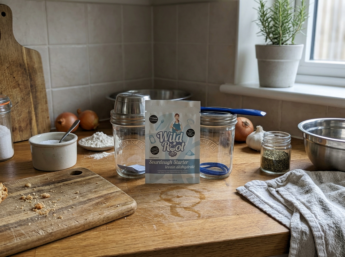 A wooden kitchen counter with baking ingredients and tools, including flour, salt, garlic, onions, herbs, and a sourdough starter packet. There are jars, a mixing bowl, a cloth, and a window with a potted plant nearby.