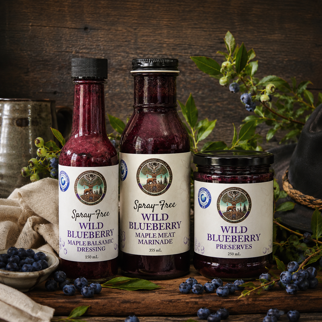 Spray free wild blueberry products including wild blueberry balsamic dressing, meat marinade, and preserves from Nova Scotia