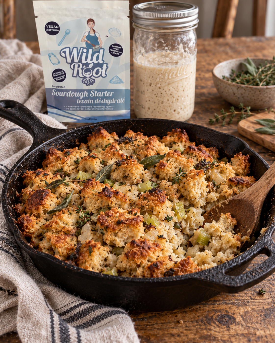 Baked cauliflower casserole garnished with sage, in a black cast iron skillet on a wooden table, with a wooden spoon, a bag of Wild Root sourdough starter, a jar of the sourdough, and a bowl of herbs in the background.