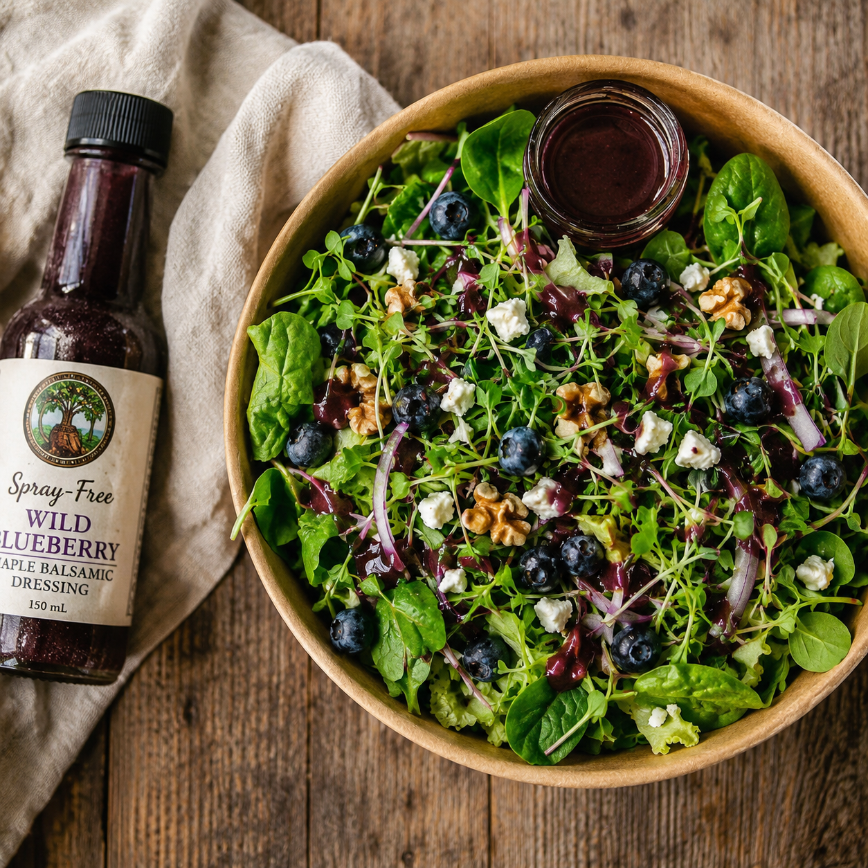Salad with local micro greens, wild blueberries, walnuts, feta, and wild blueberry maple balsamic salad dressing from Nourishing Circles Farmstead.