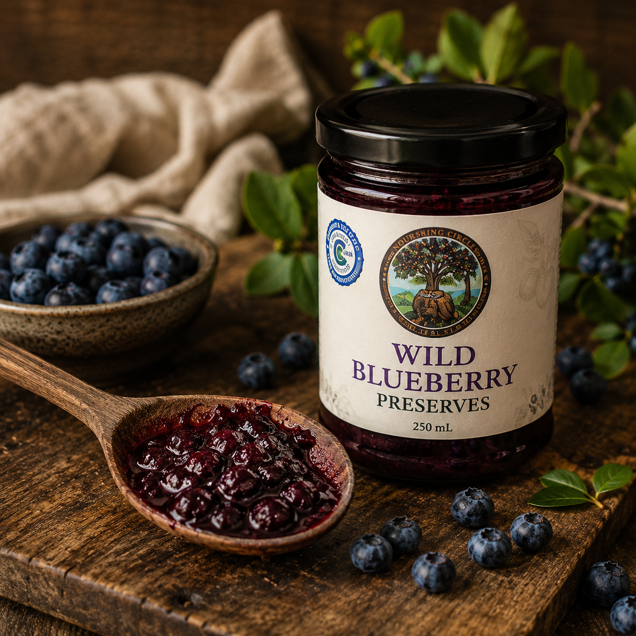 Wild blueberry preserves with fresh blueberries and rustic farm styling.