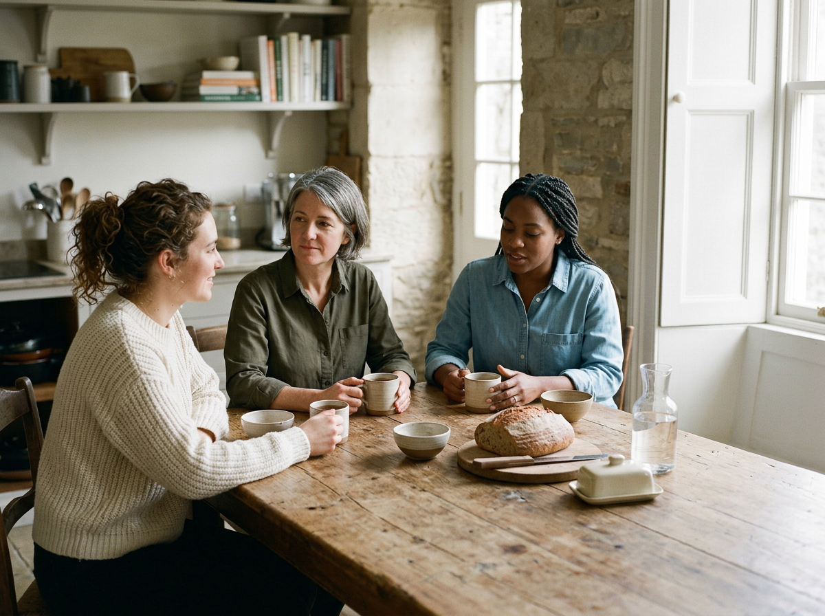 Three women sit at a rustic wooden table in a bright kitchen, drinking coffee, with a loaf of bread, bowls, a pitcher of water, and a butter dish on the table.
