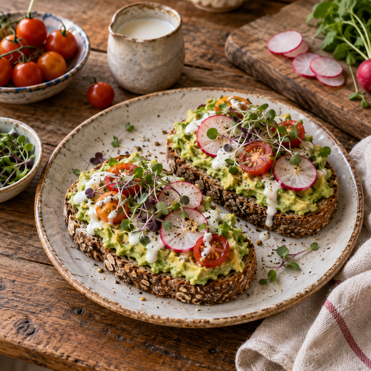 Avocado toast with coconut milk kefir, radishes, tomatoes and microgreens.