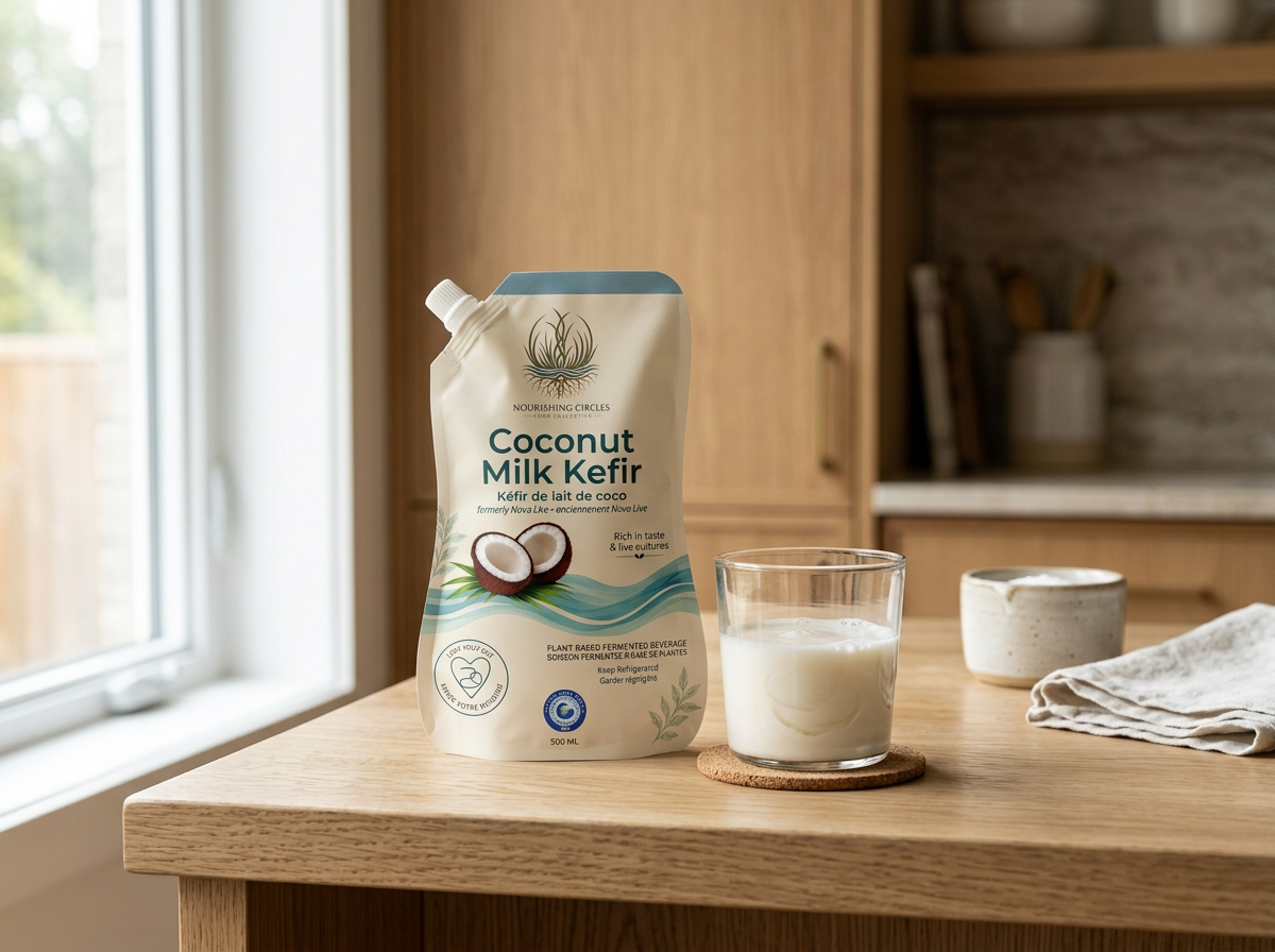 A carton of coconut milk kefir, a glass of kefir, and a bowl on a wooden kitchen counter near a window.