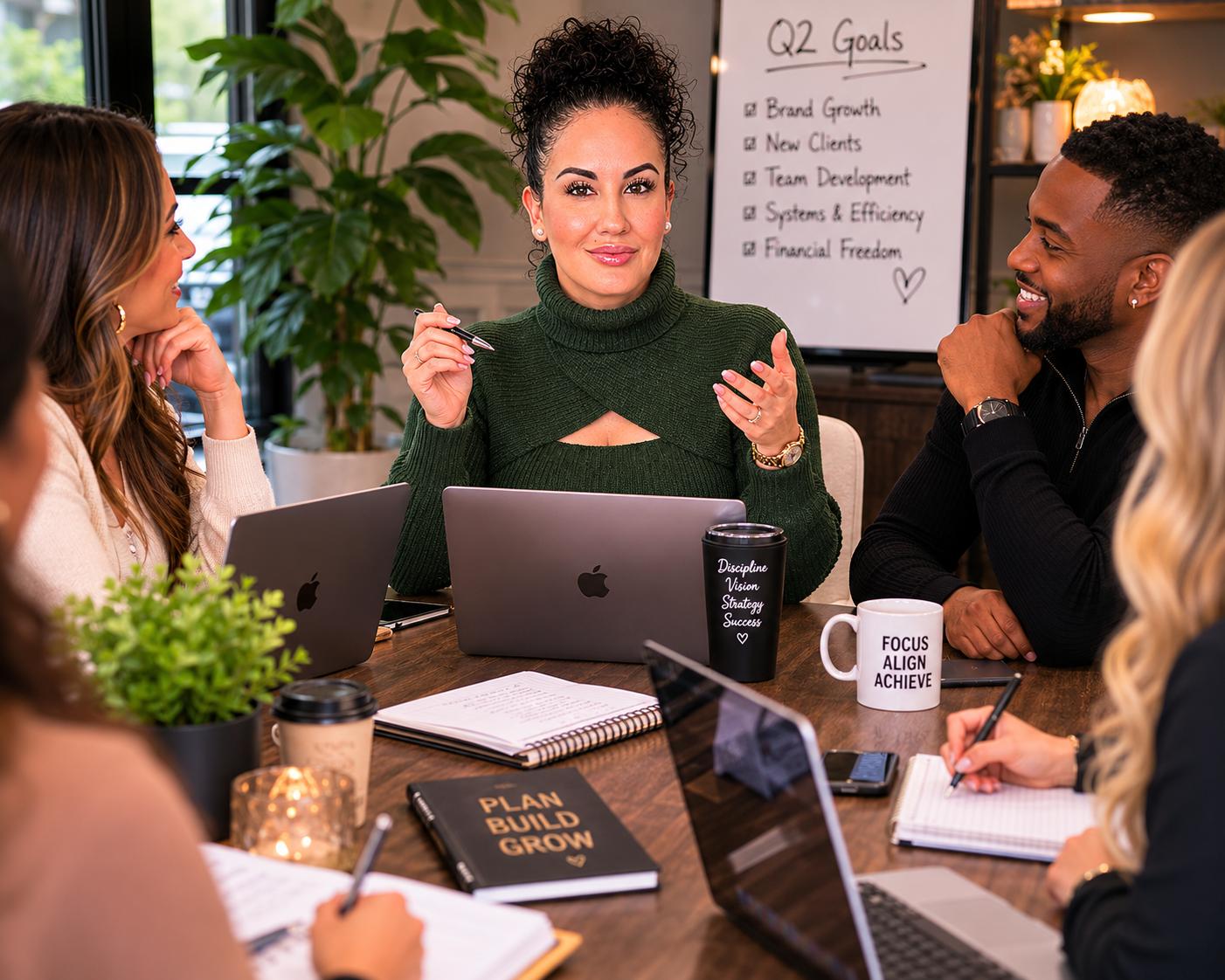 A woman in a green sweater speaking to a group of colleagues in a conference room. Six people are seated around a table with laptops, notebooks, and coffee cups, and a whiteboard behind her lists Q2 goals including brand growth, new clients, team development, systems & efficiency, and financial freedom.
