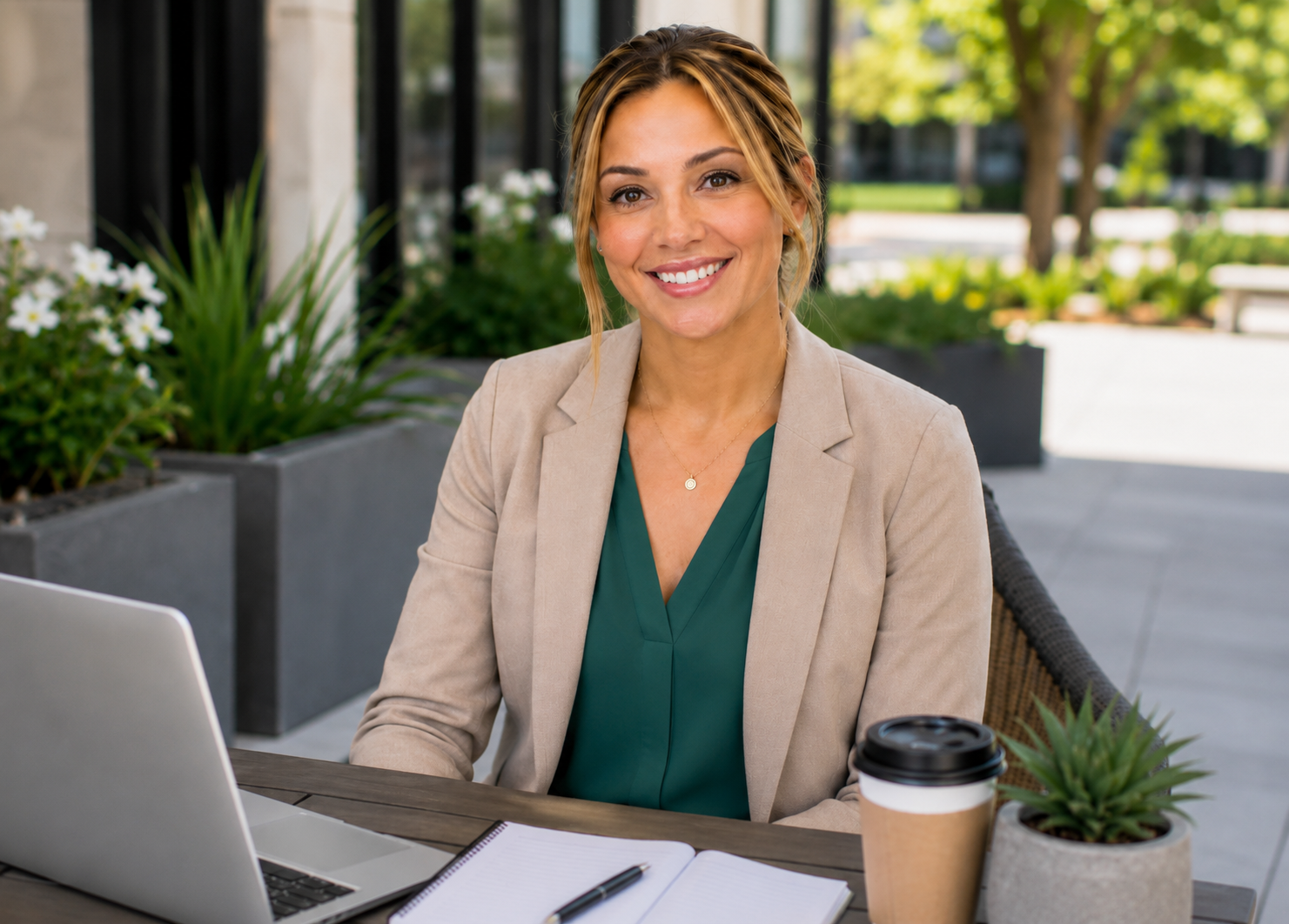 A smiling woman sitting at an outdoor table with a laptop, notebook, pen, coffee cup, and potted plant, dressed in a beige blazer and green top.